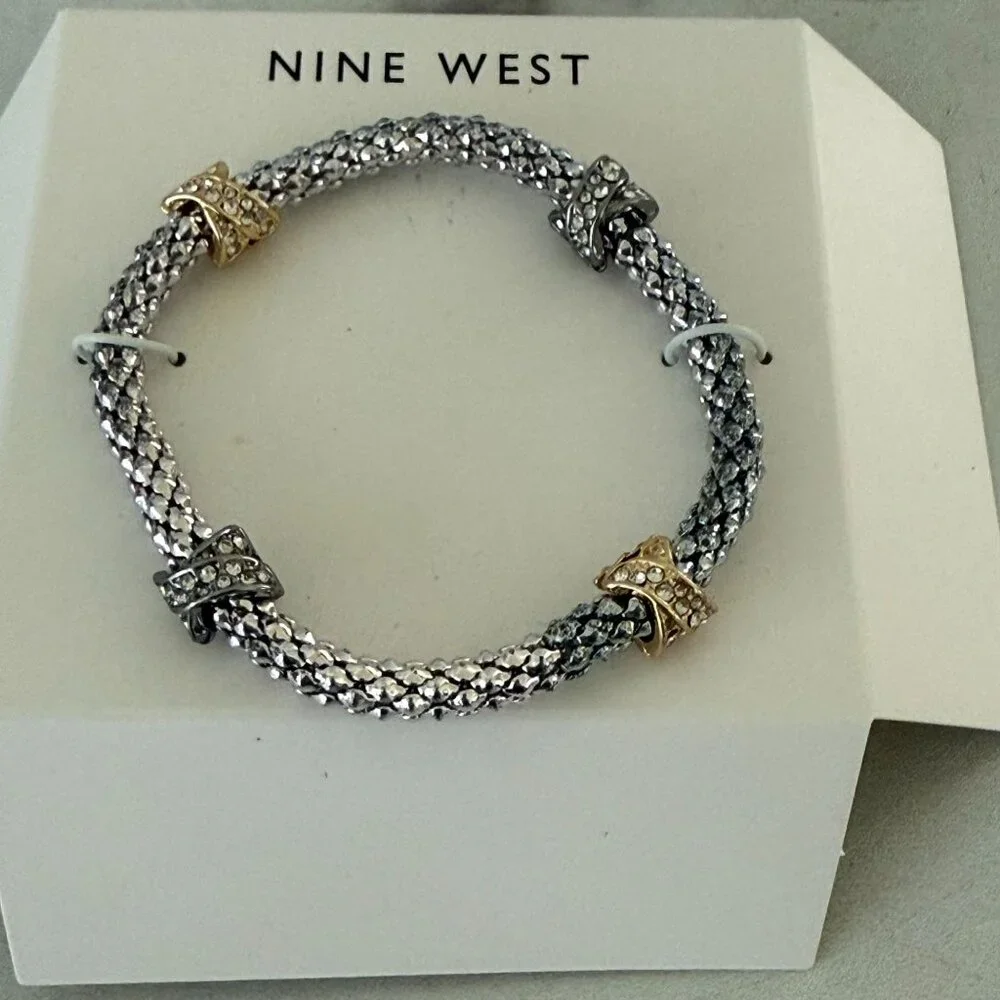 Nine West Silver-Tone Mesh Bracelet With Gold & Silver Crystal-Embellished Accen